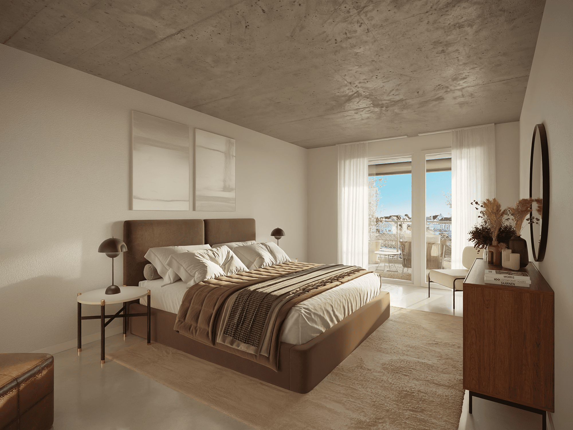 Schlafzimmer mit Zugang zum Balkon (Weissmodellierung)