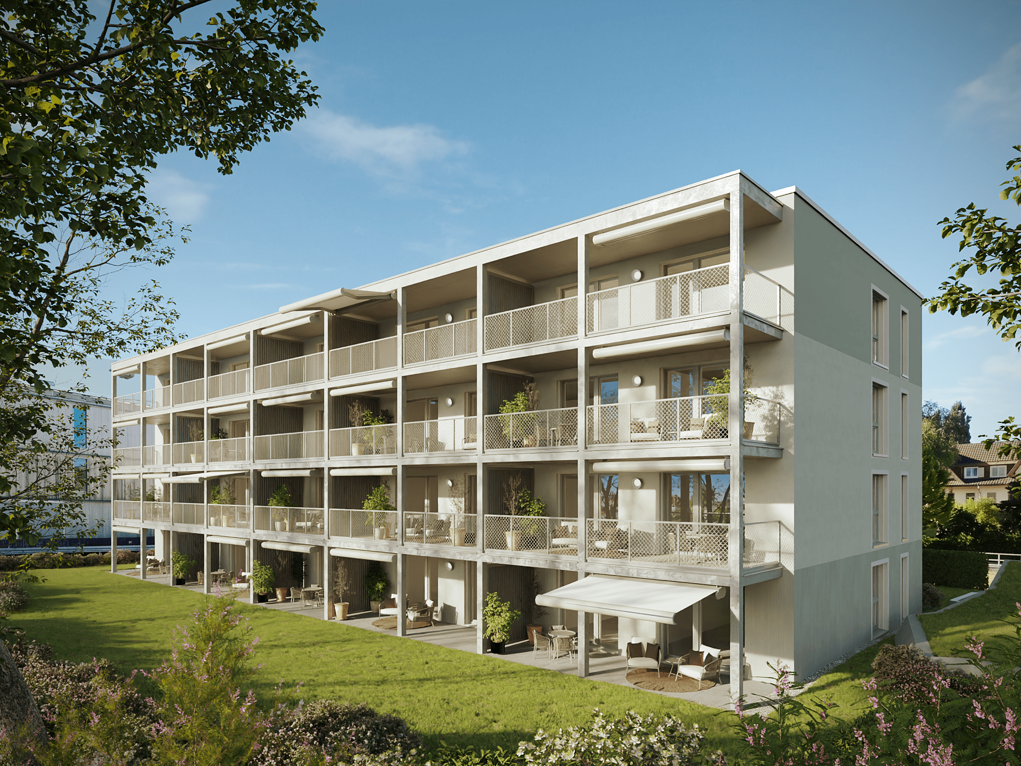 Gartenseitige Fassade mit Balkonen und Laubengang, Nordstrasse 3, Amriswil